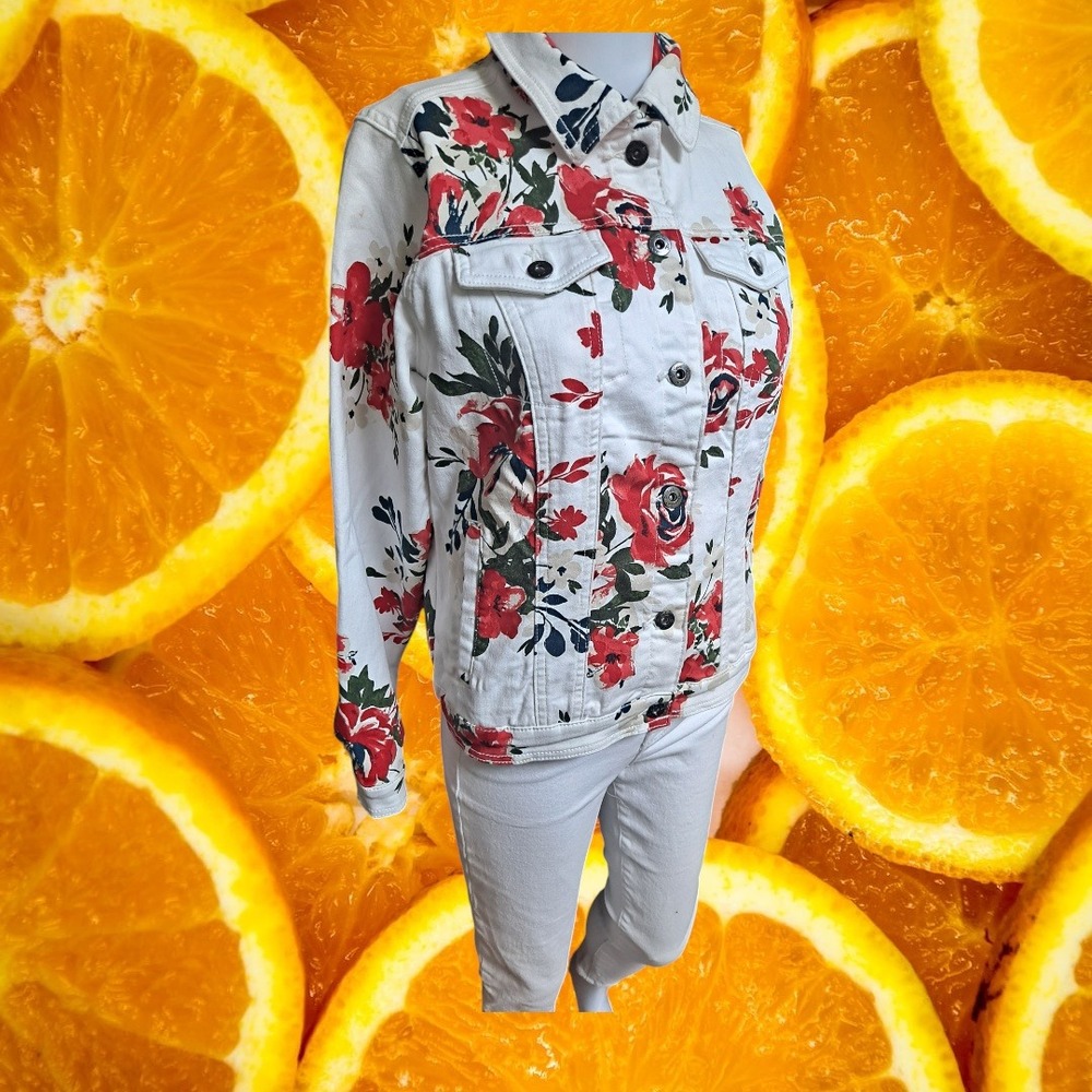 DL2 by Dear John Floral Print Denim Jacket White Red XS Jean Coat